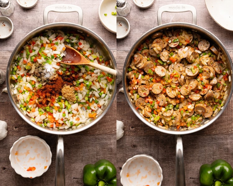 Seasoned onions and bell peppers in a stainless steel skillet with spices added on the left, and sliced chicken sausage stirred into the vegetable mixture on the right, showing the cooking progression.