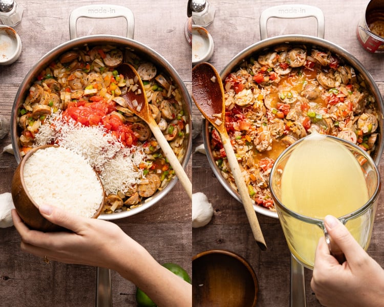 Jasmine rice and diced tomatoes added to a sausage and pepper skillet on the left, with chicken broth being poured into the skillet on the right before simmering.