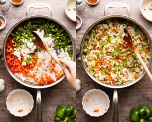 Chopped onion, red bell pepper, and green bell pepper added to a large stainless steel skillet with olive oil, shown before sautéing.