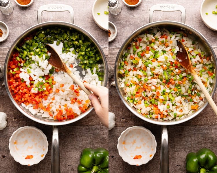 Chopped onion, red bell pepper, and green bell pepper added to a large stainless steel skillet with olive oil, shown before saut&eacute;ing.