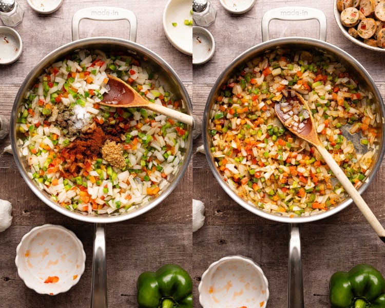 Onion and bell peppers being stirred in a skillet as they begin to soften and cook evenly.
