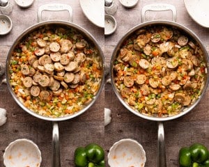 Paprika, cayenne pepper, garlic, salt, and black pepper added to sautéed onions and bell peppers in a skillet.