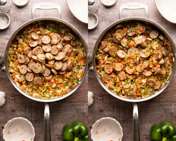 Paprika, cayenne pepper, garlic, salt, and black pepper added to sautéed onions and bell peppers in a skillet.