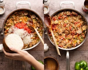 Sliced chicken sausage added to the seasoned onion and pepper mixture in a large skillet.