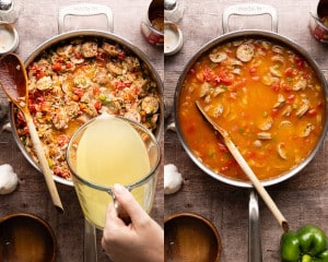 Uncooked jasmine rice and petite diced tomatoes being added to the skillet with sausage, peppers, and onions.