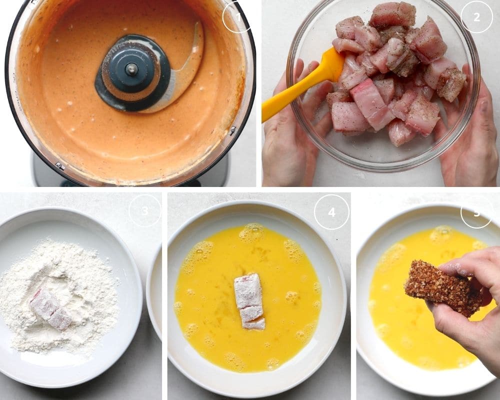 five separate images of the step by step process of creating the sauce, seasoning the mahi mahi, dredging it in flour, dredging it in egg, and coating it in breading