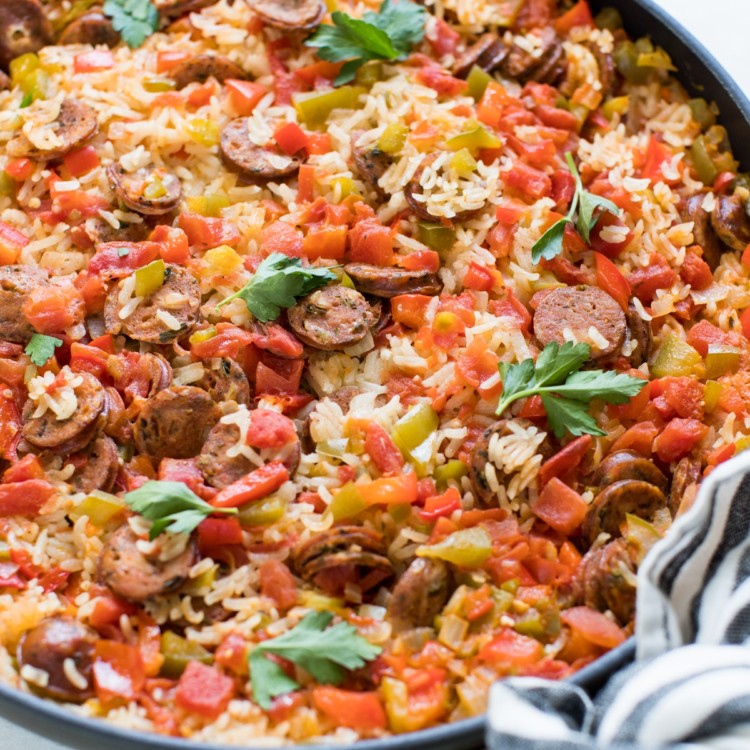 skillet with sausage, rice and peppers