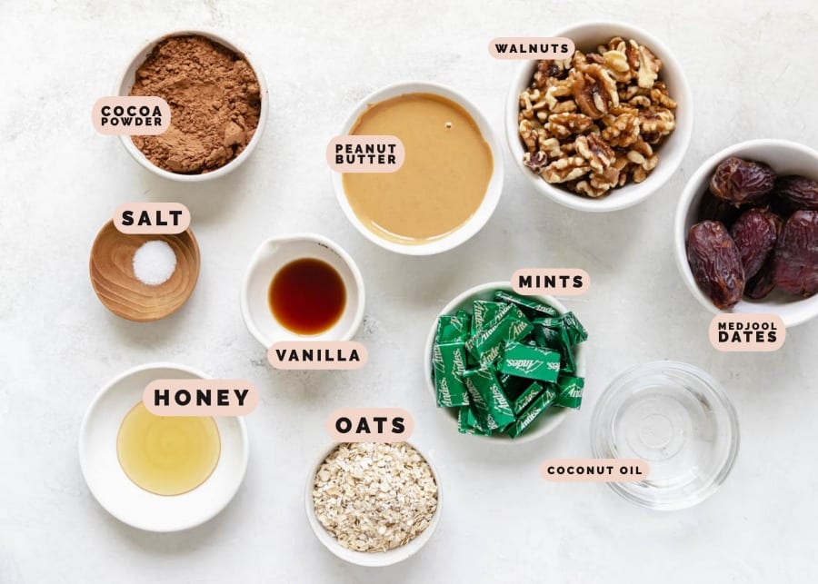 ingredients in small bowls to make energy bites