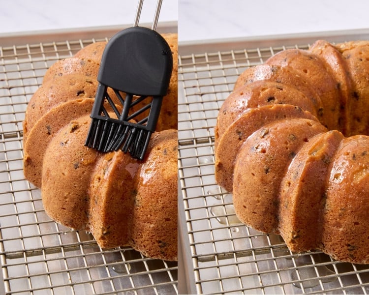 Two-step collage showing vanilla simple syrup being brushed over a warm chocolate chip Bundt cake to add moisture and flavor.