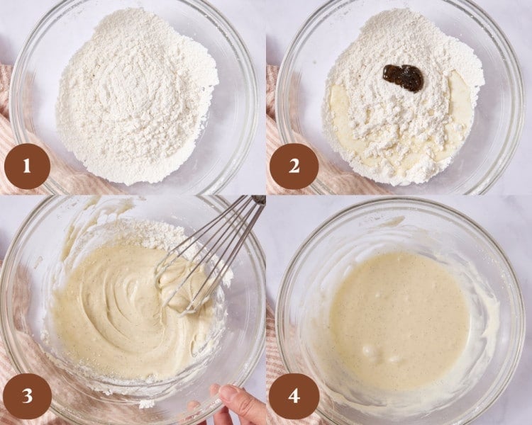 Four-step collage showing powdered sugar, heavy cream, vanilla bean paste, and salt being whisked together until smooth to make a vanilla bean glaze.