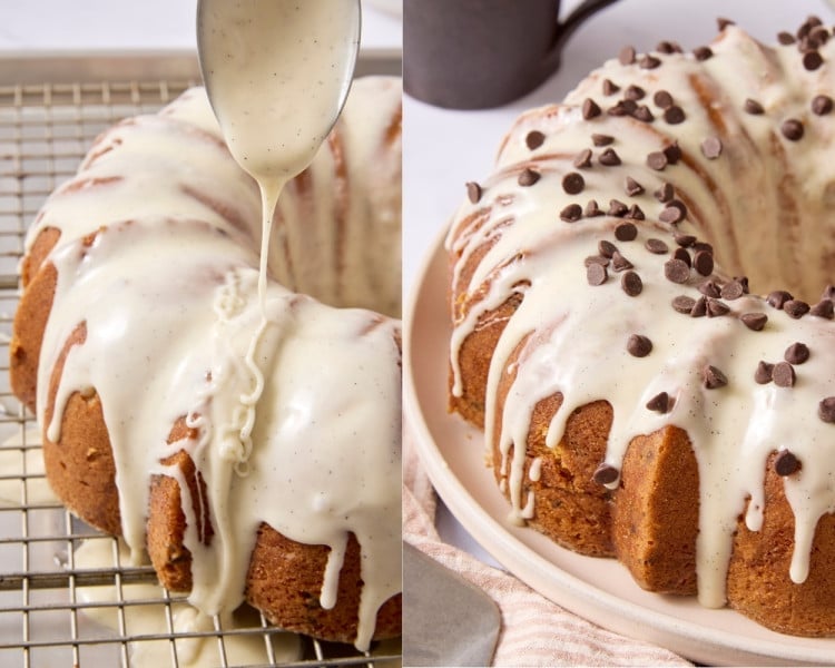 Two-step collage showing vanilla bean glaze being poured over a cooled chocolate chip Bundt cake, then finished with mini chocolate chips on top.