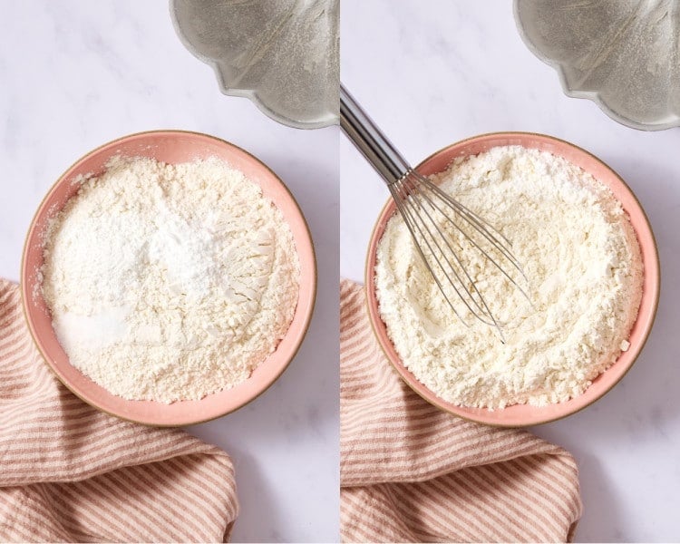 Two-step collage showing cake flour, cornstarch, baking powder, and salt in a bowl before and after whisking together to combine the dry ingredients.