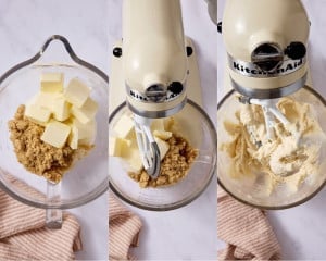 Three-step collage showing softened butter and brown sugar in a stand mixer bowl, then being mixed until light and fluffy.