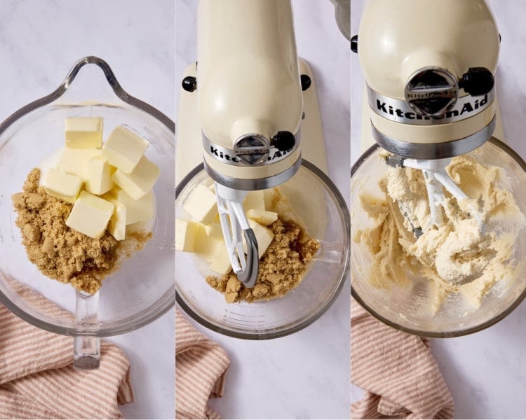 Three-step collage showing softened butter and brown sugar in a stand mixer bowl, then being mixed until light and fluffy.