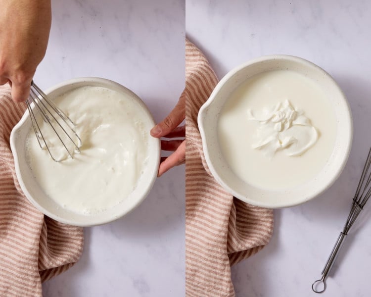 Two-step collage showing whole milk and sour cream being whisked together in a bowl until smooth and fully combined.