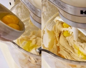 Two-step collage showing eggs being added to the creamed butter and sugar mixture in a stand mixer and mixed until incorporated.