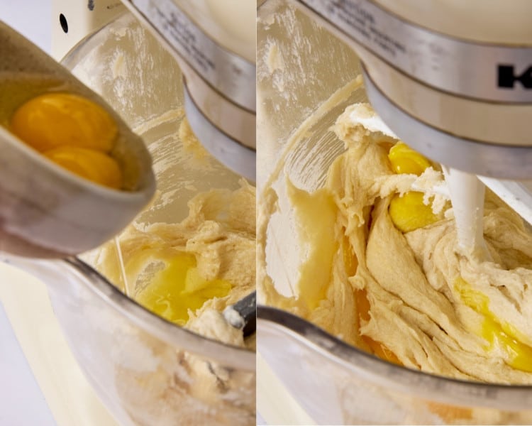 Two-step collage showing eggs being added to the creamed butter and sugar mixture in a stand mixer and mixed until incorporated.