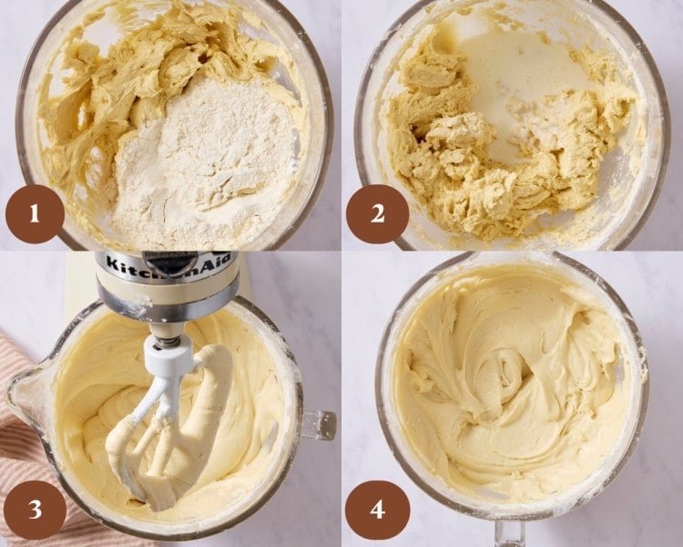 Four-step collage showing alternating additions of the dry ingredients and sour cream mixture to the batter, ending with a smooth, thick cake batter.