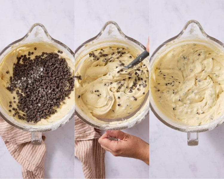 Three-step collage showing floured mini chocolate chips being folded into the cake batter until evenly distributed throughout.