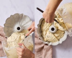 Two-step collage showing chocolate chip cake batter being spooned into a greased and floured Bundt pan, evenly distributing the batter around the pan before baking.
