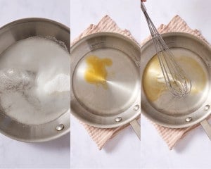 Three-step collage showing granulated sugar, water, and vanilla in a saucepan, then whisked together and heated to make a simple vanilla syrup.
