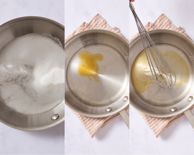 Three-step collage showing granulated sugar, water, and vanilla in a saucepan, then whisked together and heated to make a simple vanilla syrup.