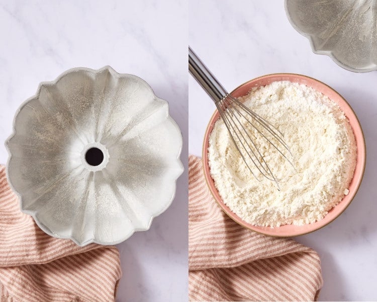 Greased and floured Bundt pan beside a bowl of whisked dry ingredients including cake flour, cornstarch, baking powder, and salt for chocolate chip Bundt cake.