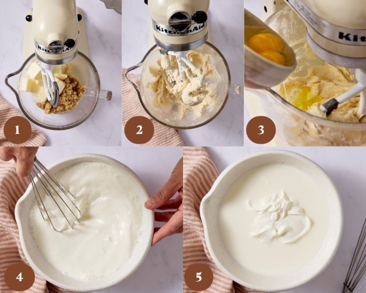 Step-by-step collage showing butter and sugars being creamed until light and fluffy, eggs added to the mixer, and sour cream whisked with milk until smooth.