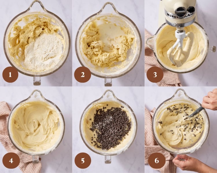 Cake batter being mixed with alternating additions of dry ingredients and sour cream mixture, then folded with flour-coated mini chocolate chips until evenly combined.