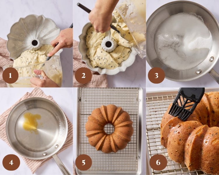 Chocolate chip Bundt cake batter transferred to a prepared Bundt pan, simple syrup cooking on the stovetop, baked cake unmolded onto a cooling rack, and syrup brushed over the warm cake.