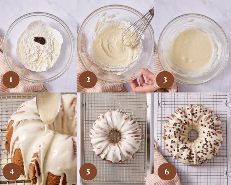 Vanilla bean frosting ingredients whisked together until smooth, then poured over the cooled Bundt cake and finished with a sprinkle of mini chocolate chips.