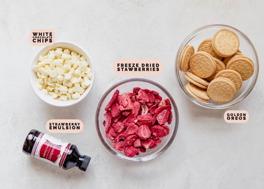 strawberry cookie ingredients in small glass bowls