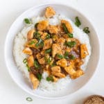 orange chicken on top of white rice in a white bowl