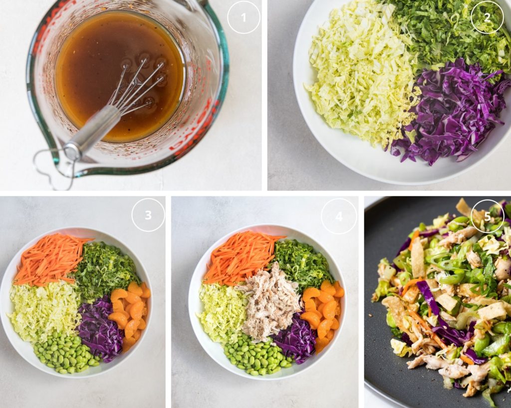 5 step process of making the dressing, mixing the lettuce, adding in toppings, and the finished salad on a plate