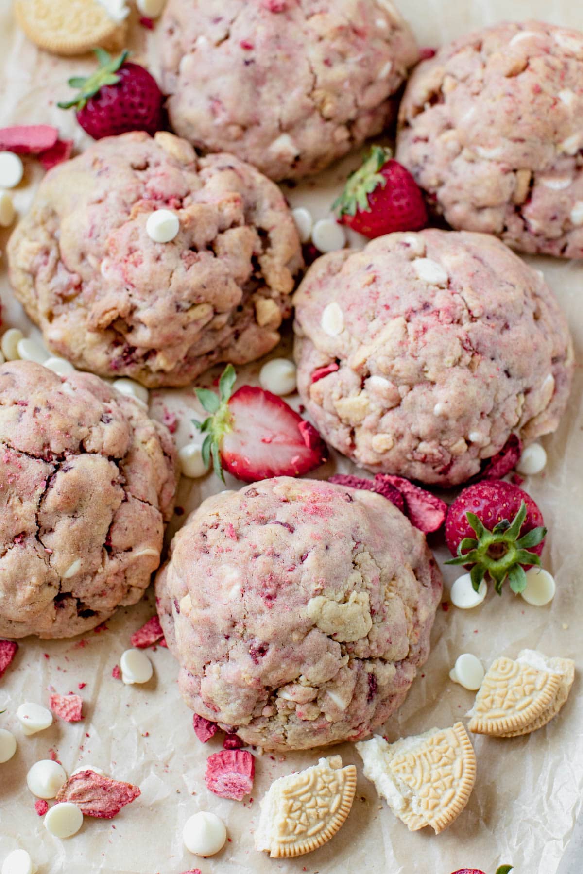 strawberry cookies on parchment paper