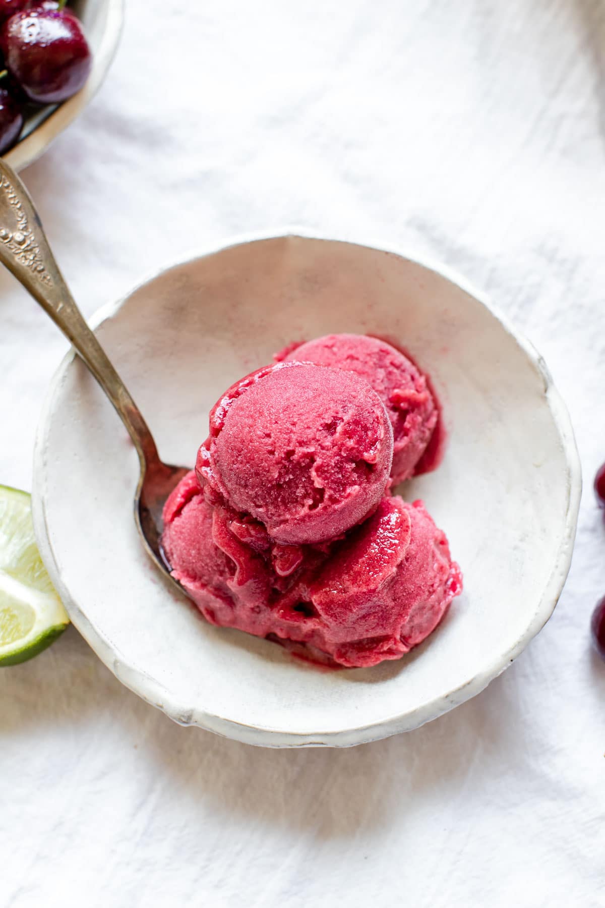 cherry sorbet in a white bowl