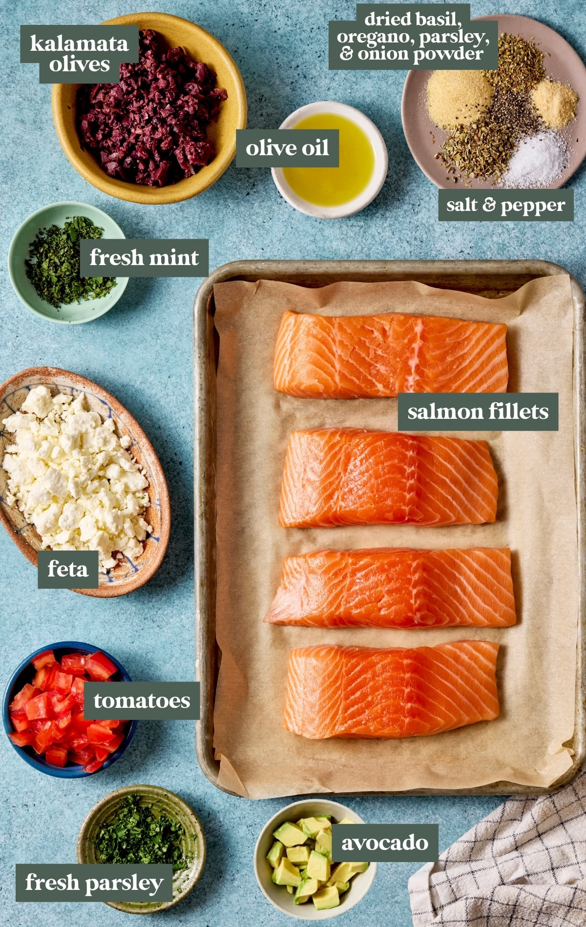 Ingredient shot for Mediterranean salmon featuring salmon fillets, Kalamata olives, feta cheese, tomatoes, avocado, fresh parsley, fresh mint, olive oil, and seasonings labeled on a sheet pan and bowls.
