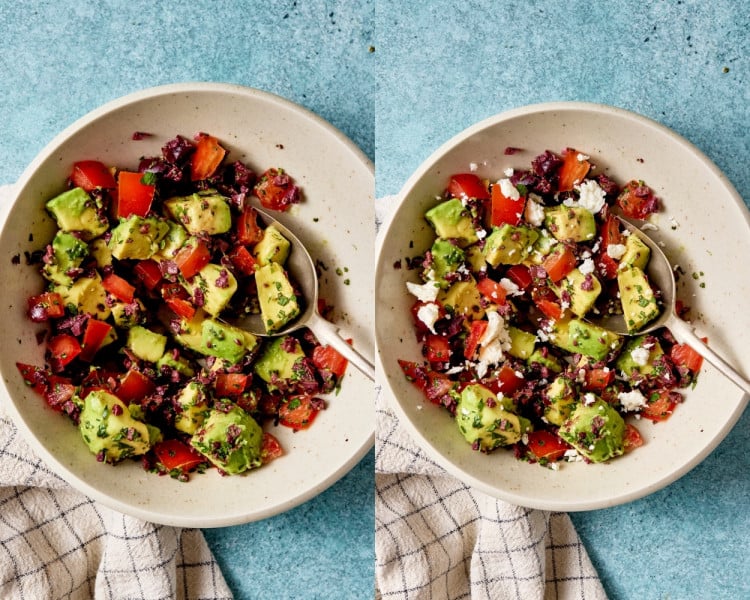 Step-by-step collage showing avocado, tomato, olive, and herb mixture before and after adding crumbled feta cheese.