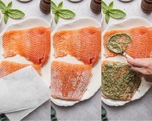 Three-step collage showing salmon fillets being patted dry, seasoned with salt and pepper, then spread with basil pesto before baking.