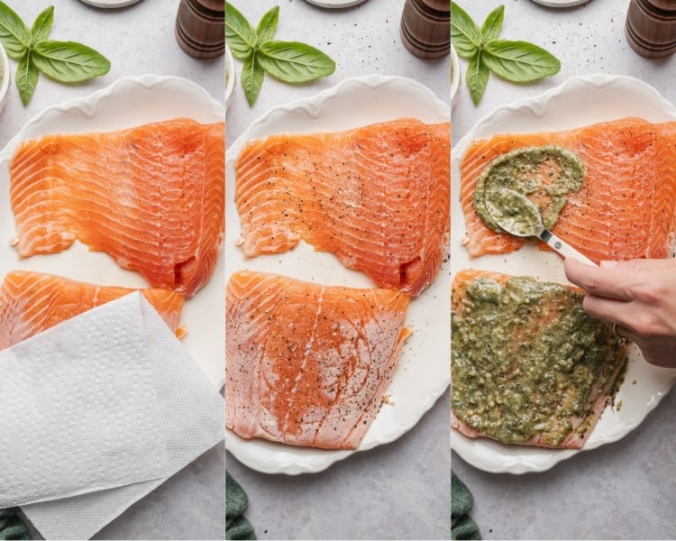 Three-step collage showing salmon fillets being patted dry, seasoned with salt and pepper, then spread with basil pesto before baking.