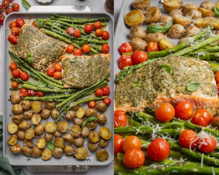 Finished sheet pan pesto salmon with roasted asparagus, blistered cherry tomatoes, and crispy baby potatoes alongside a close-up of a pesto-coated salmon fillet garnished with Parmesan cheese and fresh basil.