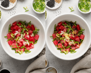 Side-by-side image of adding poke bowl sauce ingredients to bowl with ahi tuna.