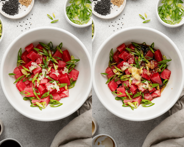 Side-by-side image of adding poke bowl sauce ingredients to bowl with ahi tuna.