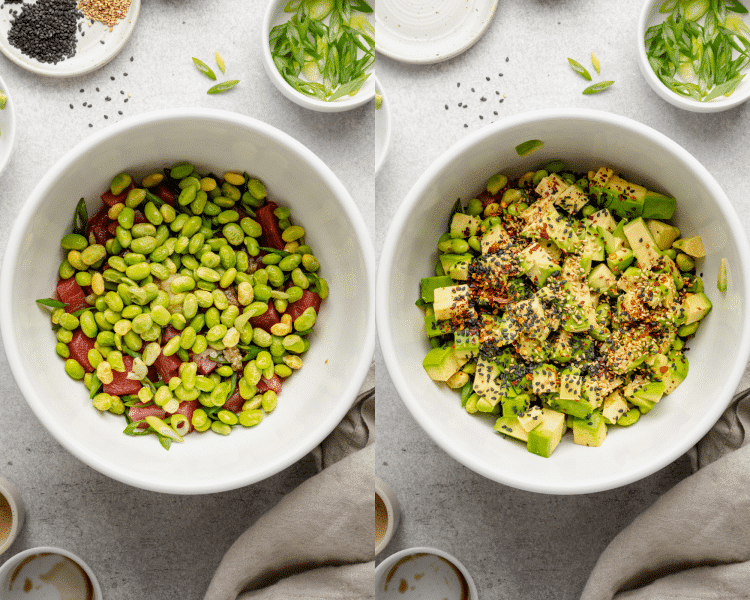 Side-by-side image of adding the rest of the poke bowl ingredients to the tuna and sauce.