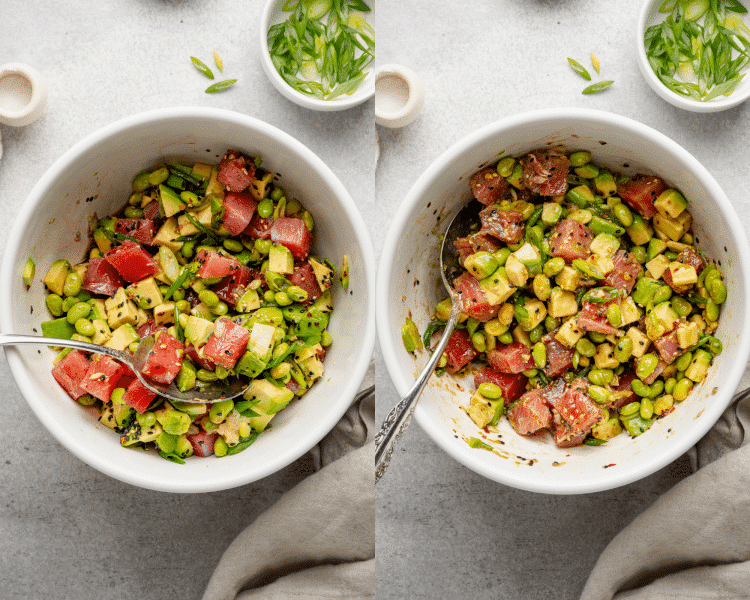 Side-by-side image of mixing the ahi tuna and rest of ingredients well before adding to bowls with rice.