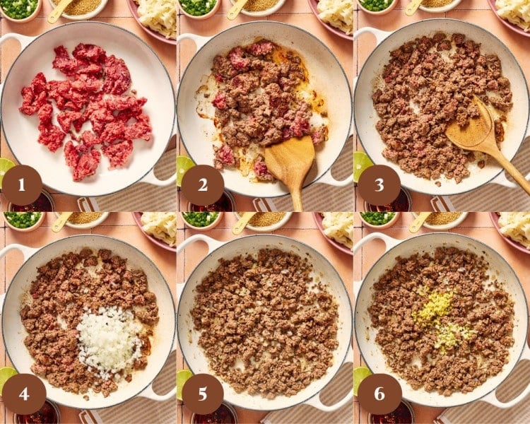 Six-step collage showing ground beef being browned in a skillet, then cooked with diced onion, fresh garlic, and ginger for saucy ground beef and noodles.