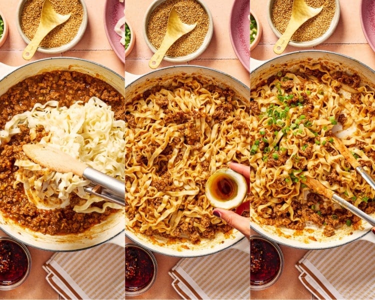 Three-step collage showing cooked noodles added to the saucy ground beef, tossed to coat, then finished with sesame oil and sliced green onions.