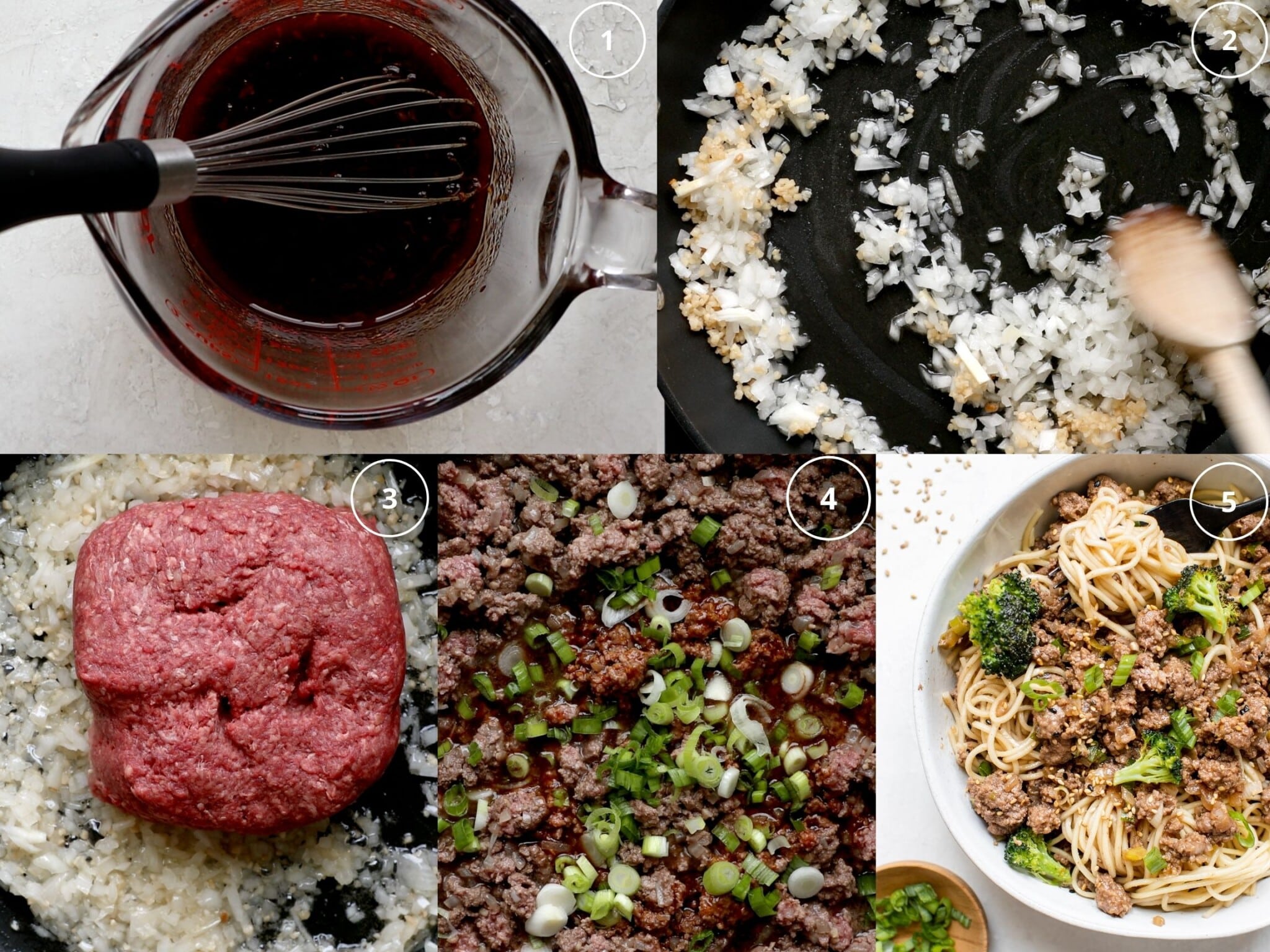 step by step photos making beef with egg noodles in a skillet