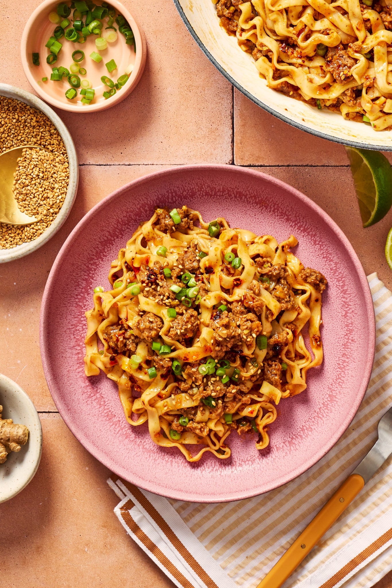 Overhead view of saucy ground beef and noodles served in a pink bowl and topped with green onions, sesame seeds, and chili crisp.