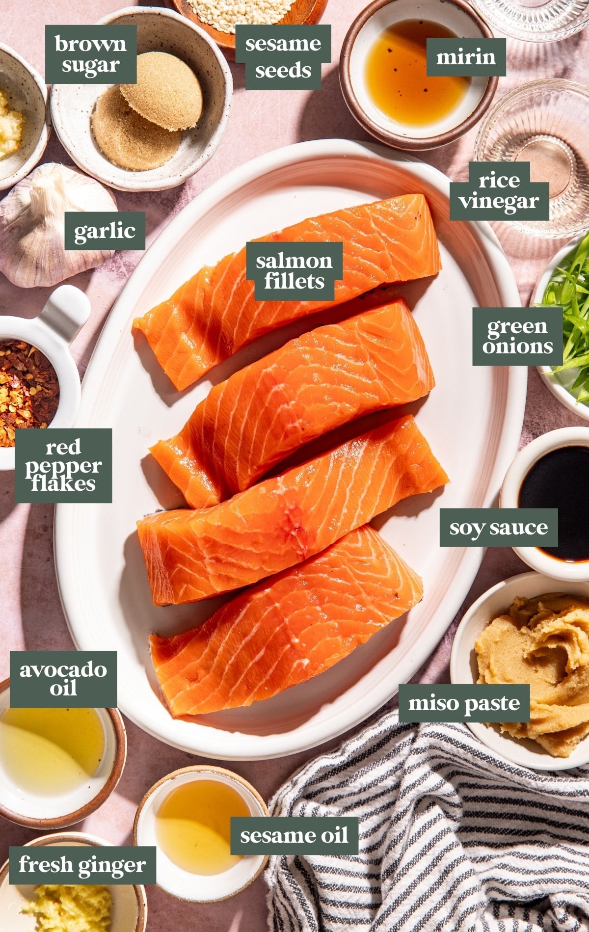 Ingredients for brown sugar miso glazed salmon, including salmon fillets, white miso paste, soy sauce, brown sugar, mirin, rice vinegar, sesame oil, avocado oil, garlic, fresh ginger, sesame seeds, green onions, and red pepper flakes.